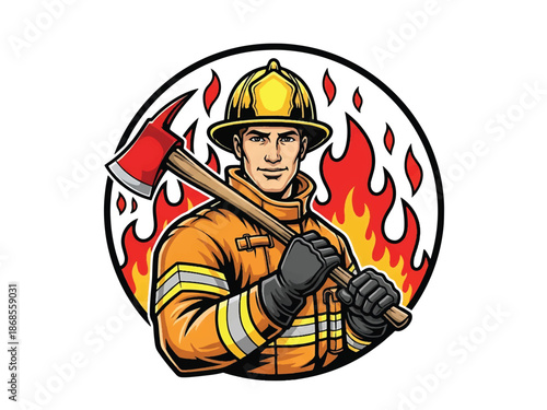 Vintage pin-up style male firefighter vector illustration holding helmet, heroic friendly pose, flat colors, clean outlines, fire station elements, fire emblem logo badge