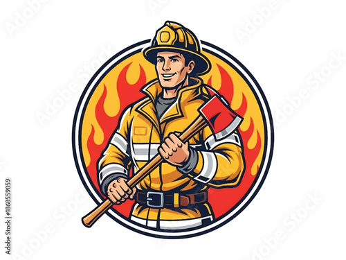 Vintage pin-up style male firefighter vector illustration holding helmet, heroic friendly pose, flat colors, clean outlines, fire station elements, fire emblem logo badge