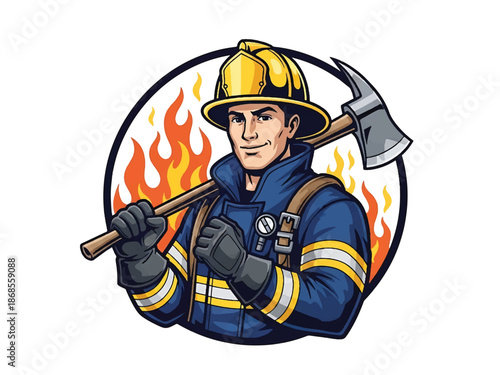 Vintage pin-up style male firefighter vector illustration holding helmet, heroic friendly pose, flat colors, clean outlines, fire station elements, fire emblem logo badge