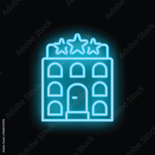 Glowing neon line five stars hotel building icon isolated on black background. Vector illustration