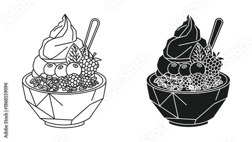 Delicious frozen yogurt with fruits and berries in bowl