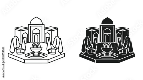 Taj mahal icon set with fountain and trees