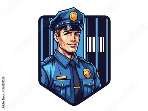 Vintage pin-up style male police officer vector illustration in classic uniform, confident stance, flat solid colors, clean outlines, city background, shield logo badge, poster ready