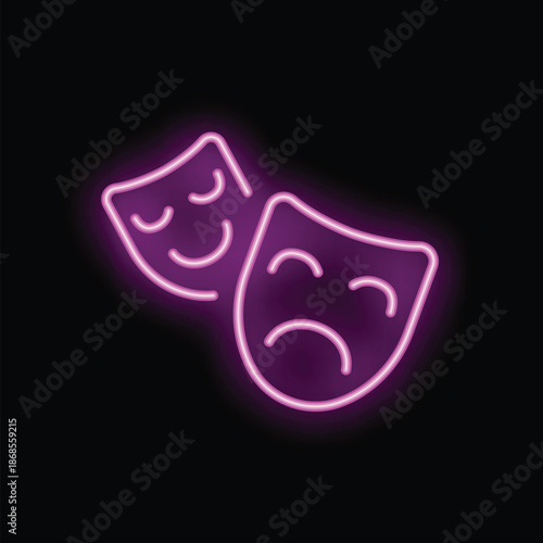 Pink neon sign depicting the classical comedy and tragedy theater masks on a black background