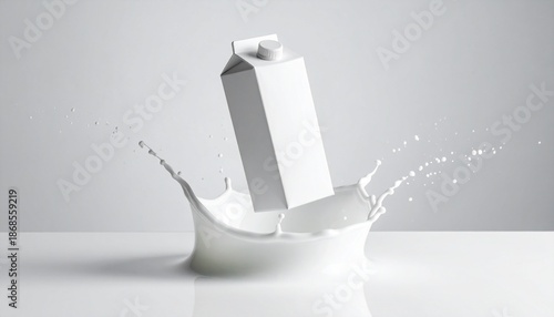 “White milk carton splashing pool of milk dynamic motion droplets waves neutral gray background dramatic contrast”