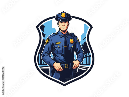 Vintage pin-up style male police officer vector illustration in classic uniform, confident stance, flat solid colors, clean outlines, city background, shield logo badge, poster ready