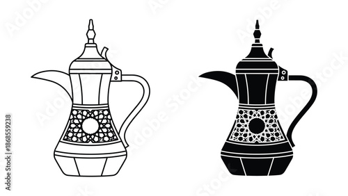Traditional arabic coffee pot illustration in black and white