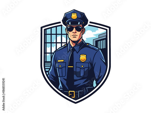 Vintage pin-up style male police officer vector illustration in classic uniform, confident stance, flat solid colors, clean outlines, city background, shield logo badge, poster ready