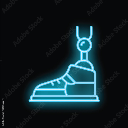 Blue glowing neon icon of a prosthetic leg, representing overcoming challenges and adapting to new possibilities