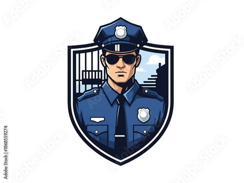 Vintage pin-up style male police officer vector illustration in classic uniform, confident stance, flat solid colors, clean outlines, city background, shield logo badge, poster ready