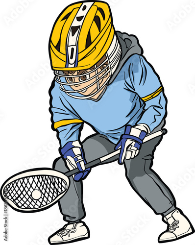 Boy Lacrosse Player Cartoon Character Wearing Helmet and Holding Stick