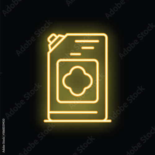 Glowing neon line laundry detergent for automatic wash machine icon isolated on black background. Vector