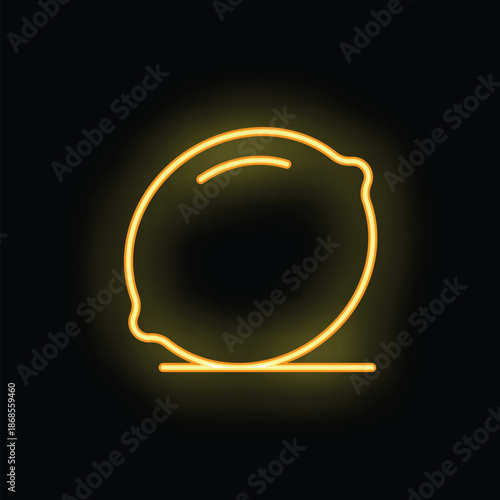 Bright yellow neon sign in the shape of a lemon glowing on a black background