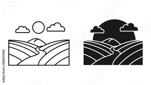 Simple landscape illustration with sun and clouds