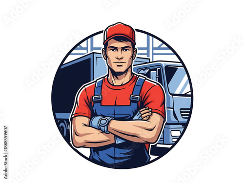 Vintage pin-up style male delivery driver vector illustration beside vintage truck at loading dock, flat colors, clean outlines, warehouse scene, logistics logo badge, poster ready