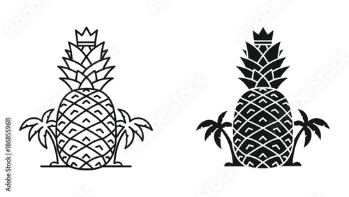 Pineapple with crown and palm trees vector illustration