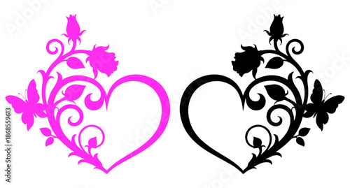 Hand-Drawn Heart Vector, Romantic Pink and Black Heart Swirl Floral Love Vector Illustration Isolated on White Background