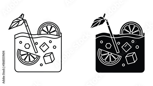 Cocktail glass with lemon and ice cubes illustration