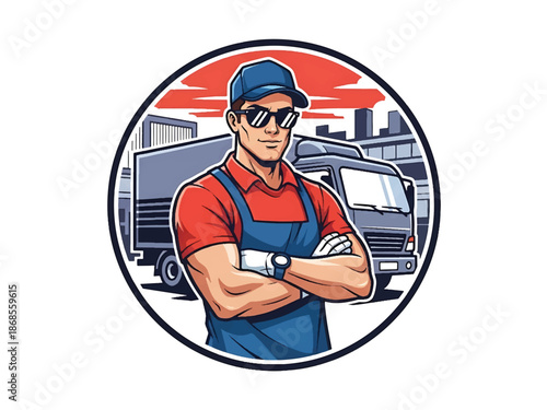 Vintage pin-up style male delivery driver vector illustration beside vintage truck at loading dock, flat colors, clean outlines, warehouse scene, logistics logo badge, poster ready