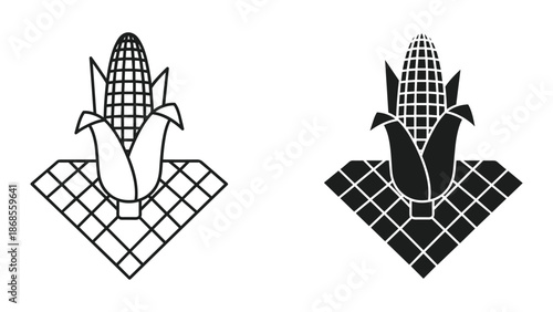 Corn on the cob with leaves and grid background