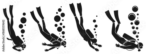 Scuba Diving Silhouette Set Underwater Sport Adventure Black Vector Illustration, diving, scuba, underwater, ocean, sea, marine, sport, adventure, extreme, swim