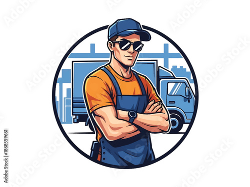Vintage pin-up style male delivery driver vector illustration beside vintage truck at loading dock, flat colors, clean outlines, warehouse scene, logistics logo badge, poster ready