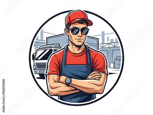 Vintage pin-up style male delivery driver vector illustration beside vintage truck at loading dock, flat colors, clean outlines, warehouse scene, logistics logo badge, poster ready