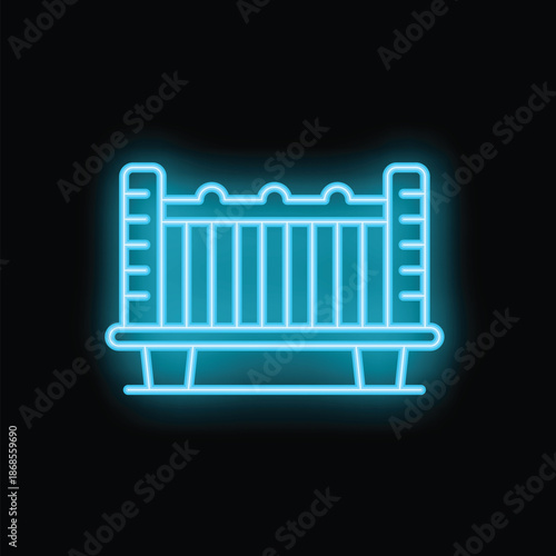 Neon icon of baby crib glowing blue, isolated vector illustration