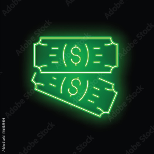 Green neon sign representing two tickets with dollar sign, concept for lottery win or casino jackpot