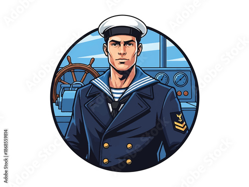 Vintage pin-up style male sailor vector illustration standing on dock in nautical outfit, flat solid colors, clean outlines, harbor ships background, anchor logo badge, poster ready