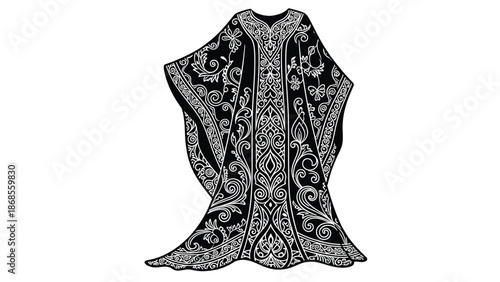 A black and white illustration of a cloak with intricate designs and patterns.