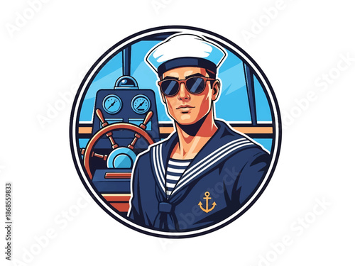 Vintage pin-up style male sailor vector illustration standing on dock in nautical outfit, flat solid colors, clean outlines, harbor ships background, anchor logo badge, poster ready