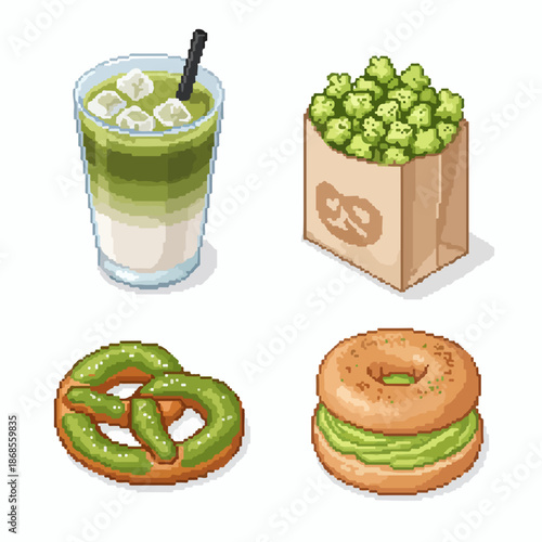 Delicious matcha drink with snacks and baked goods