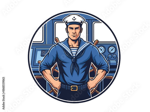 Vintage pin-up style male sailor vector illustration standing on dock in nautical outfit, flat solid colors, clean outlines, harbor ships background, anchor logo badge, poster ready