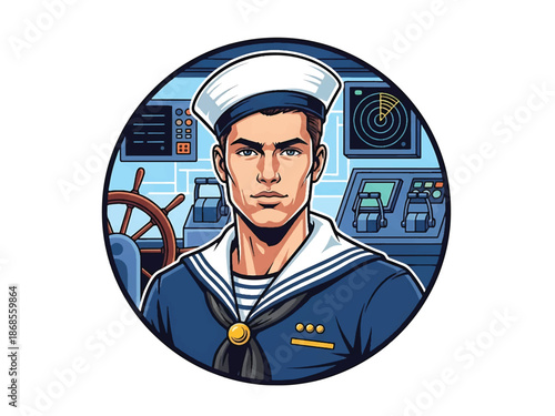 Vintage pin-up style male sailor vector illustration standing on dock in nautical outfit, flat solid colors, clean outlines, harbor ships background, anchor logo badge, poster ready