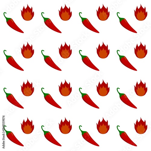 Seamless pattern with red chili peppers and fire on a white background. Flat design hot peppers. Hot chili wallpaper. Decorative background with vegetables.