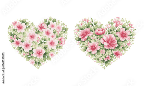 Botanical heart made of pink flowers and foliage vector illustration, easily editable.