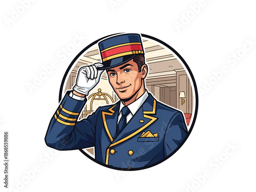 Vintage pin-up style male hotel bellhop vector illustration tipping hat in retro lobby, friendly posture, flat solid colors, clean outlines, hospitality logo badge, poster ready