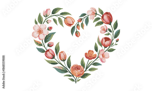 Floral heart illustration with soft pastel spring flowers vector illustration, easily editable.