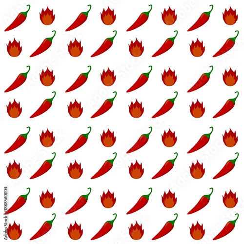 Seamless pattern with red chili peppers and fire on a white background. Flat design hot peppers. Hot chili wallpaper. Decorative background with vegetables.