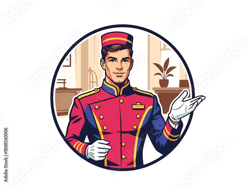Vintage pin-up style male hotel bellhop vector illustration tipping hat in retro lobby, friendly posture, flat solid colors, clean outlines, hospitality logo badge, poster ready