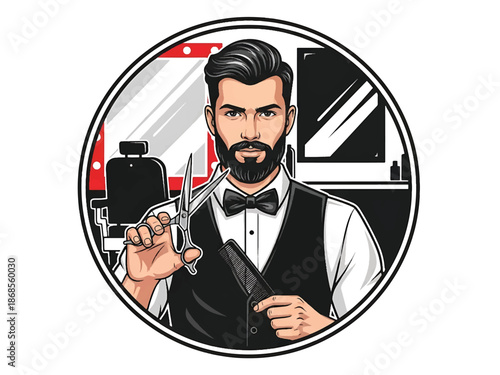 Vintage pin-up style male barber vector illustration with scissors and comb in classic barbershop, flat solid colors, clean outlines, grooming logo badge, poster ready composition