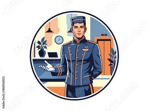 Vintage pin-up style male hotel bellhop vector illustration tipping hat in retro lobby, friendly posture, flat solid colors, clean outlines, hospitality logo badge, poster ready
