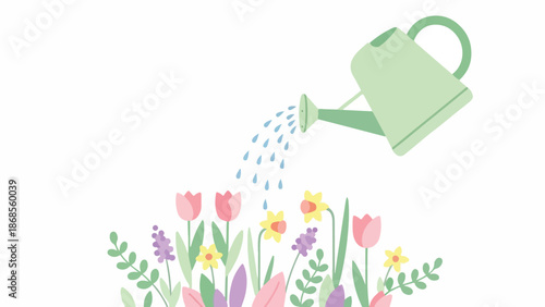Flat illustration of a green watering can pouring water onto a vibrant flowerbed with tulips, daffodils, and lavender against a clean white background.