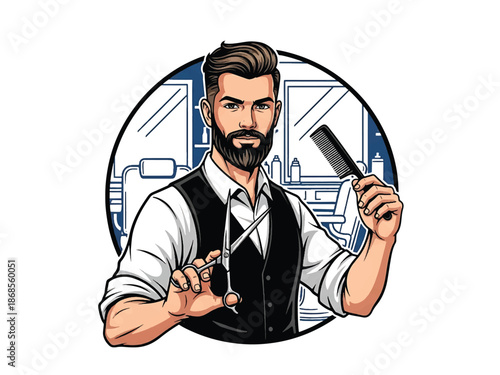 Vintage pin-up style male barber vector illustration with scissors and comb in classic barbershop, flat solid colors, clean outlines, grooming logo badge, poster ready composition