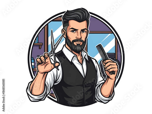 Vintage pin-up style male barber vector illustration with scissors and comb in classic barbershop, flat solid colors, clean outlines, grooming logo badge, poster ready composition