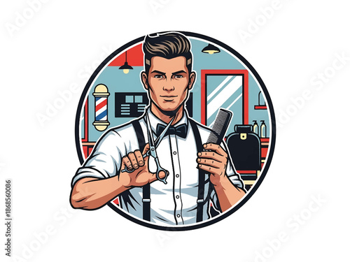 Vintage pin-up style male barber vector illustration with scissors and comb in classic barbershop, flat solid colors, clean outlines, grooming logo badge, poster ready composition