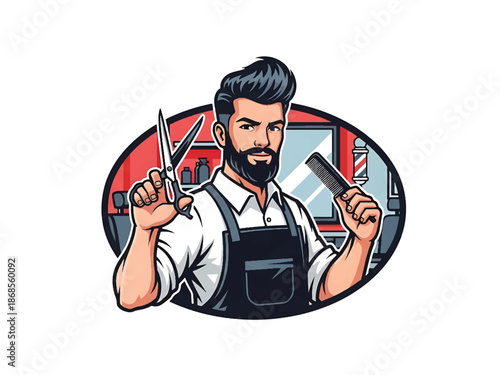 Vintage pin-up style male barber vector illustration with scissors and comb in classic barbershop, flat solid colors, clean outlines, grooming logo badge, poster ready composition