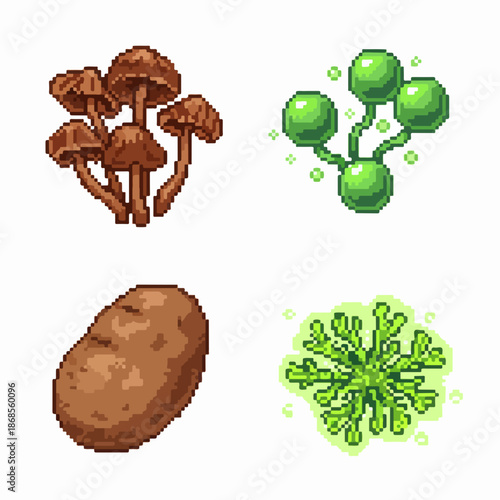 Variety of mushrooms and viruses in vibrant pixel art style
