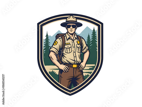 Vintage pin-up style male park ranger vector illustration in uniform, confident stance, flat solid colors, clean outlines, forest landscape background, nature logo badge, poster ready